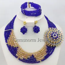 Коренастый Африканский Свадебный комплект ювелирных изделий Золотой Кристалл Бусины Цепочки и ожерелья комплект ярко-синего цвета в нигерийском стиле Бусины комплект ювелирных изделий wa289