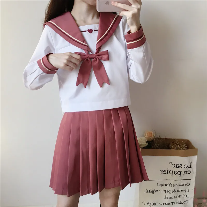 UPHYD New Arrival School Uniform Anime Costumes Female Sailor Suits Pink Peach Heart Embroidery Japanese School Girl Uniforms
