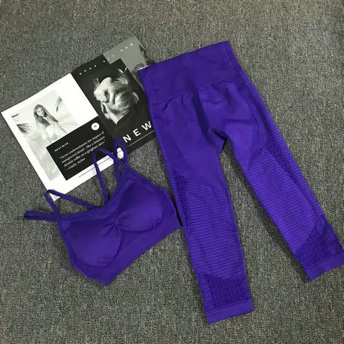 Комплект из 2 предметов для йоги, бюстгальтер с бретельками+ эластичные бесшовные Капри с высокой талией, женский спортивный костюм, одежда для спортзала, фитнеса, Леггинсы для йоги, штаны, спортивная одежда - Цвет: Purple