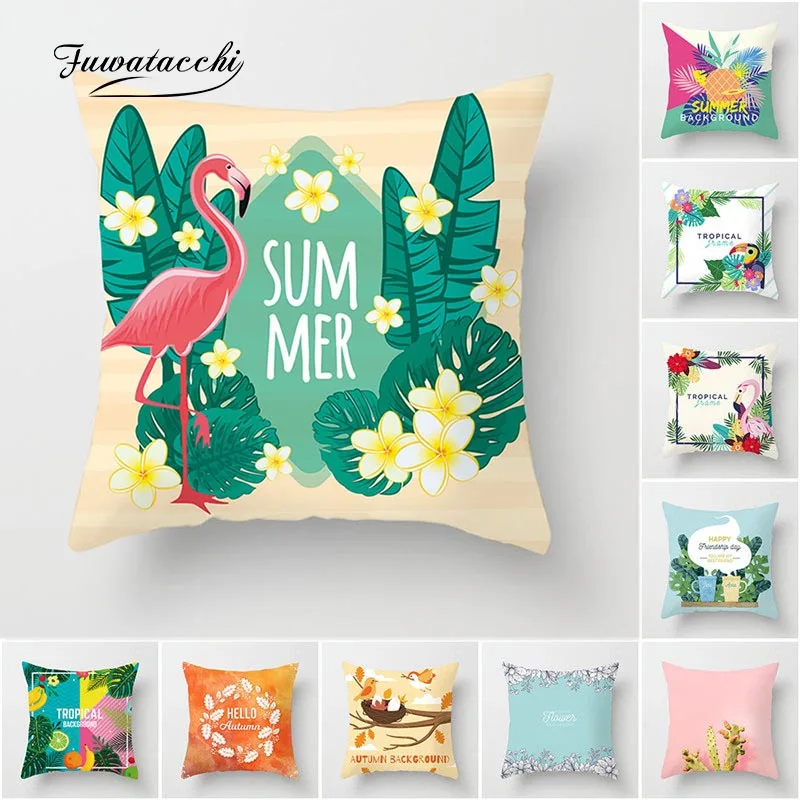 

Fuwatacchi Tropical Flamingo Cushion Cover Rainforest Leaves Flower Fruit Pattern Home Decor Pillows Case Chair Pillow Cover