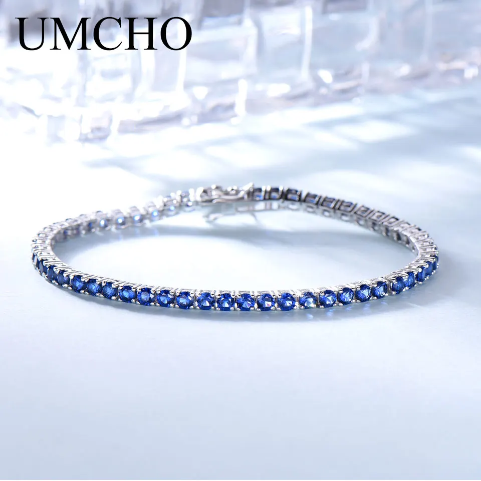 

UMCHO Luxury Created Nano Blue Sapphire Bracelet Solid Real 925 Sterling Silver Bracelets & Bangles Romantic For Women Gifts