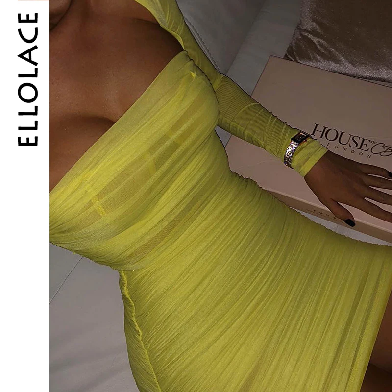 

Ellolace Mesh Party Dress Sexy Long Sleeve Bodycon Neon Women Elegant Short Midi Casual Dresses Squire-Neck Skinny Summer Dress