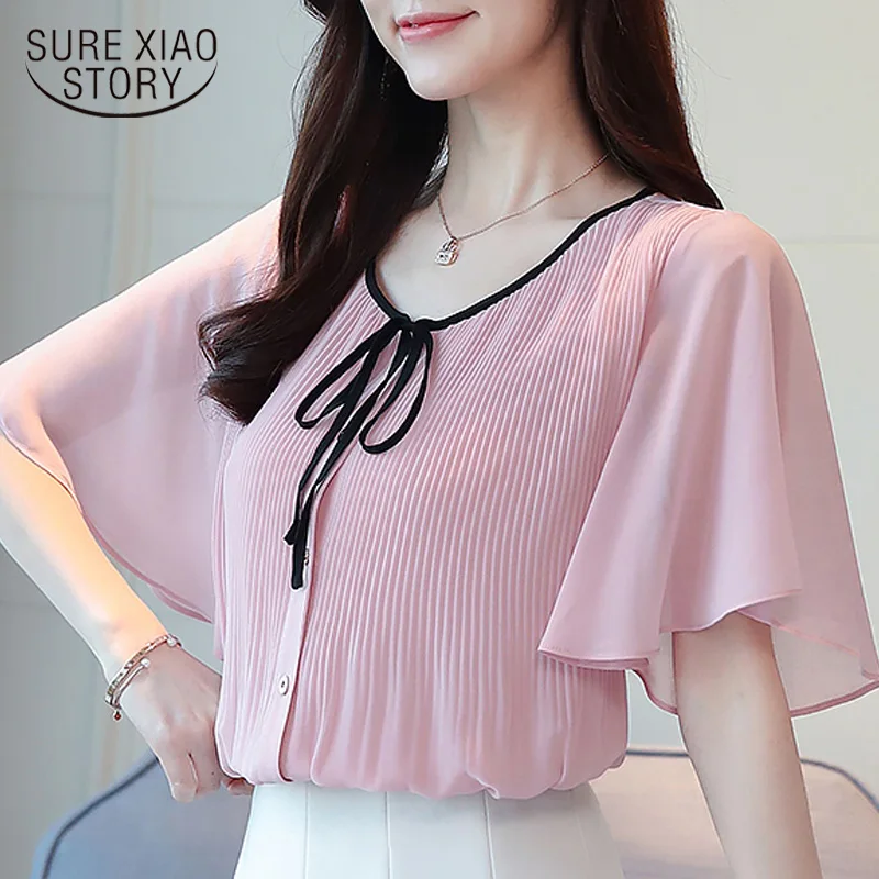 

Top Blusas 2018 Summer New Fashion Women Sweet Pink White Blouse Flare Sleeve Women Chiffon Blouse Solid Women Clothing 0079 30