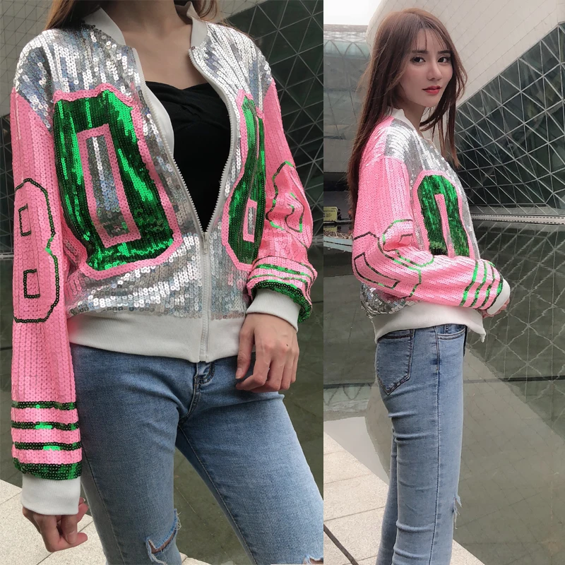 

Limiguyue sequins jacket women sequined coat pink shining garment eyelets coll loose jacket outwear zipper fashion autumn Y116