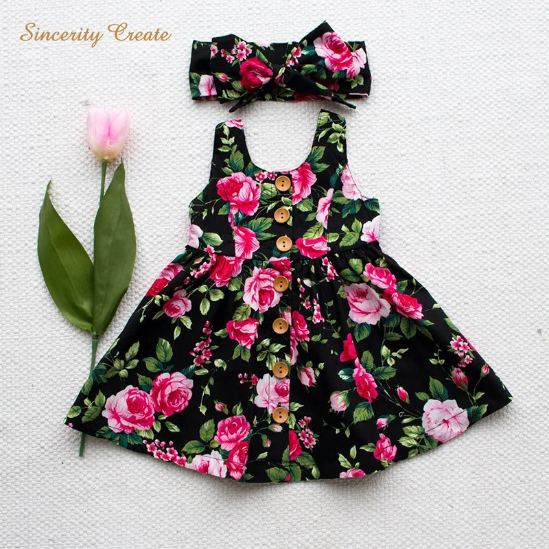 

Summer new girls black rose print bow belt sleeveless A-line cotton and linen Buttons mini vest dress for 1Y-6Y sweet
