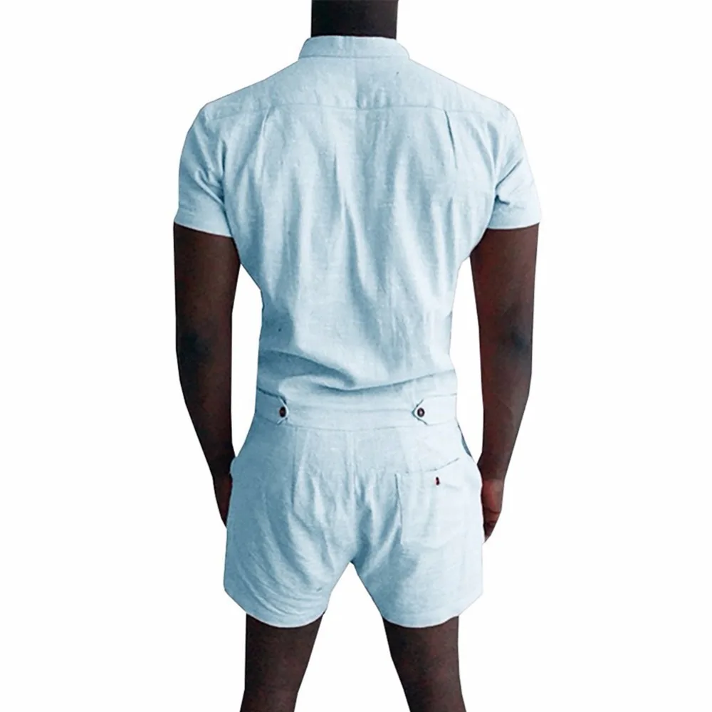 Aismz Новое лето уникальный комбинезон Для мужчин льняная рубашка короткие Наборы для ухода за кожей Однобортный комбинезон Мода