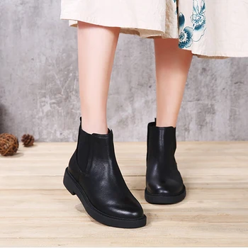 

2018 VALLU Women Shoes Leather Boots Elastic Round Toes Natural Leather Square Heels Woman Ankle Boots Black Plus Size 41