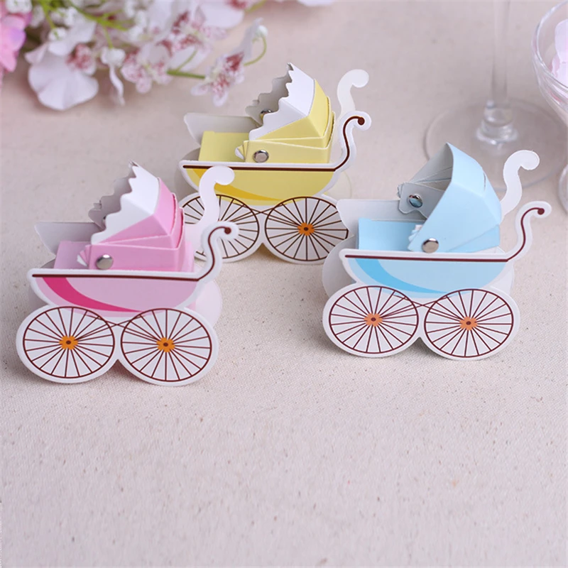 

100pcs/lot Baby Carriage Baby Shower Trolley Shaped Paperboard DIY Candy Box Guest Return Gift Chocolate Holder Desktop Ornament