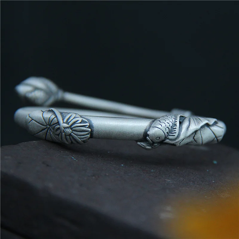 

Thai Silver Retro Literary Lotus Leaf Bracelet S990 Sterling Silver Anemone Small Carp Bracelet for Women