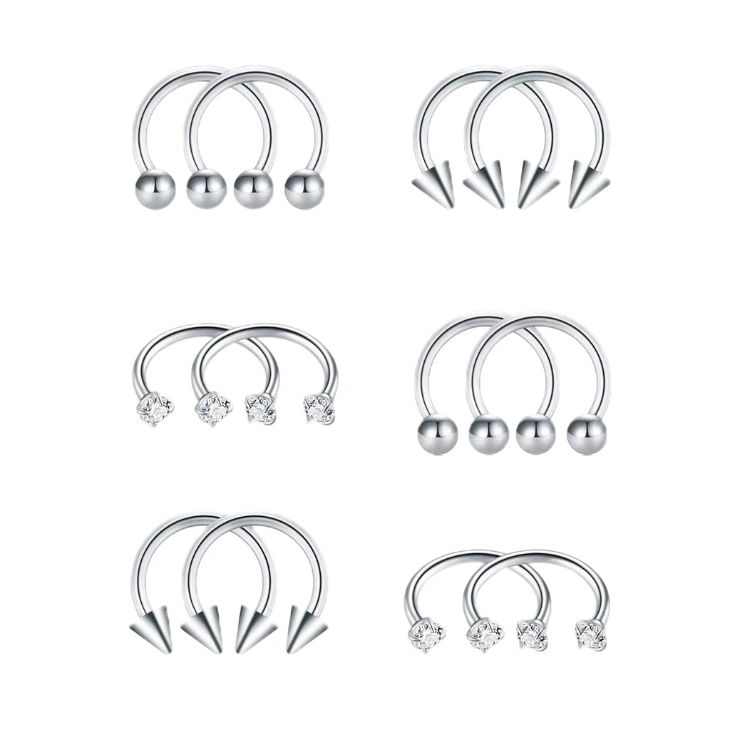 6 Pairs Stainless Steel Horseshoe Lip Nose Ring Ear Stud Piercing Jewelry 16g