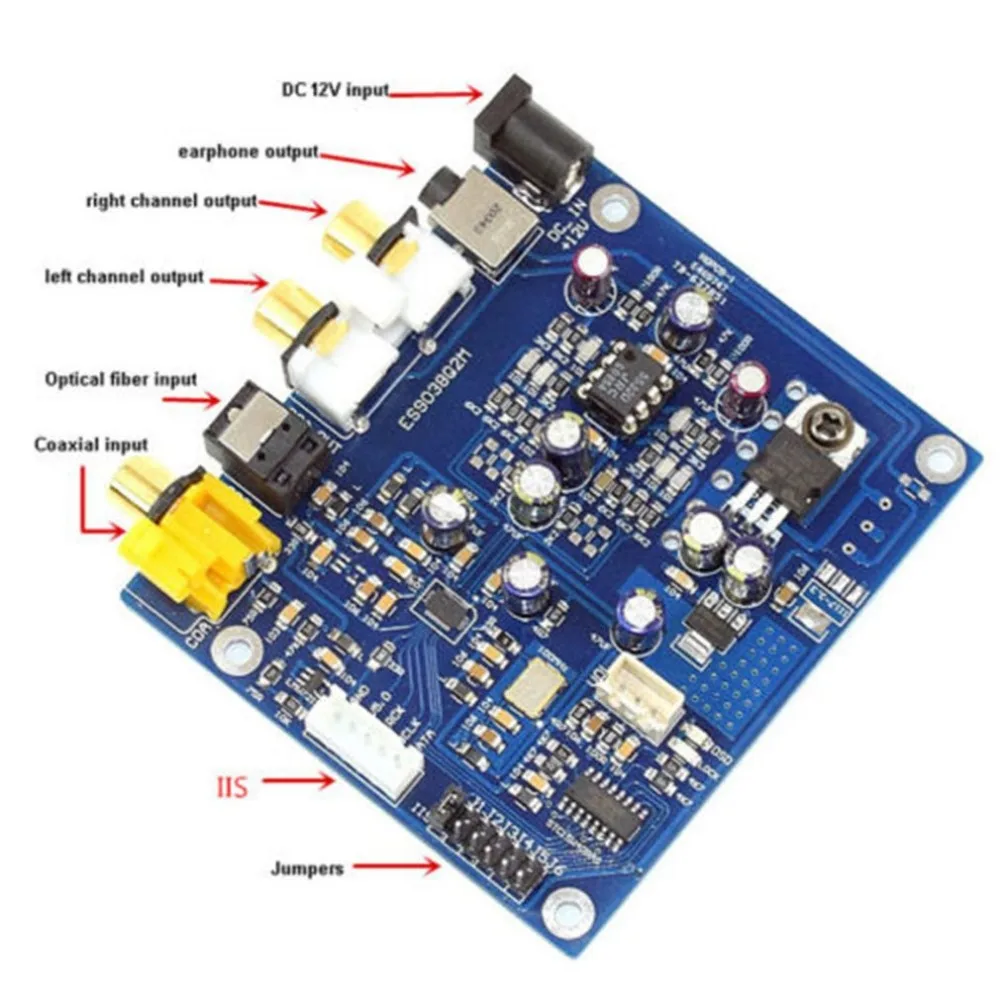 

ES9038 Q2M I2S DSD Optical Coaxial Input Decoder DAC Headphone Output PCB Board DAC HiFi Audio Amplifier Board