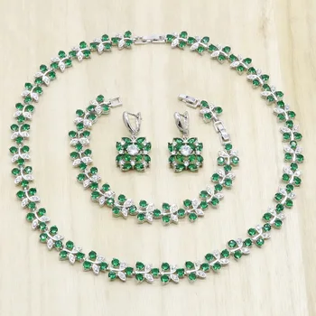 Green Semi-precious  Silver Color Bridal Jewelry Sets for Women Necklace Earrings Bracelet Wedding Jewelry Gift Box 1