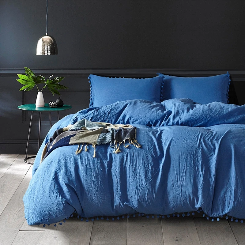 

Solid Color Washed Cotton Soft Quilt Cover Twin Queen King Duvet Cover Pillowcase Three Pieces Home Bedding Set White Blue #303