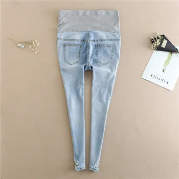 

Pregnant Women Jeans Elastic Waist Holes Denim Flowers Embroidery Maternity Pants Casual Trouser FJ88