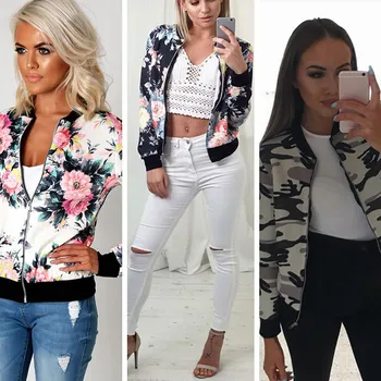 

New Women Basic Coat Casual Slim Zippers Flower Printed Bomber Jacket Street Fashion Outfit Autumn Winter Jackets Tops H9