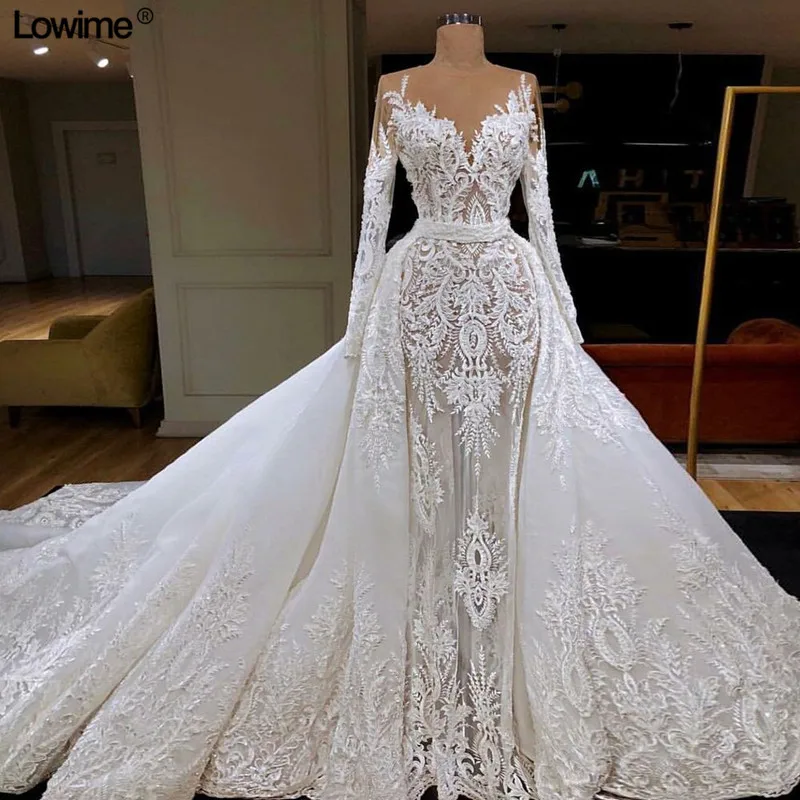 Lowime Illusion Lace Wedding Dresses 2019 V-Neck Beading Sequined vestido de noiva Muslim Long Sleeves Bridal Gowns (1)