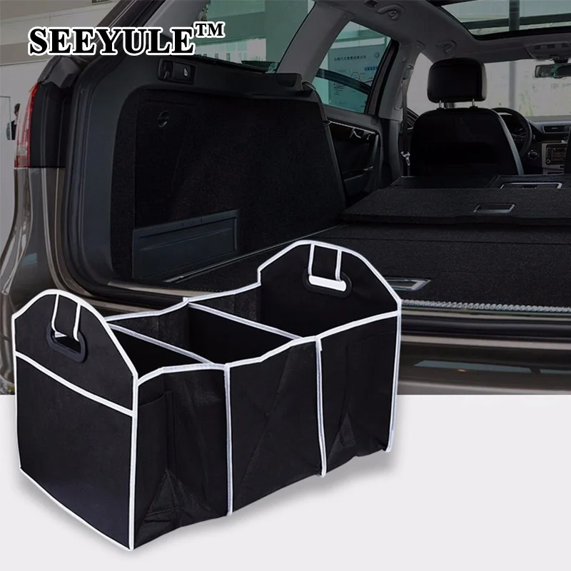 

1pc SEEYULE Collapsible Black Car Storage Bag Trunk Organizer Toys Food Truck Cargo Container Box Stowing Tidying Accessories