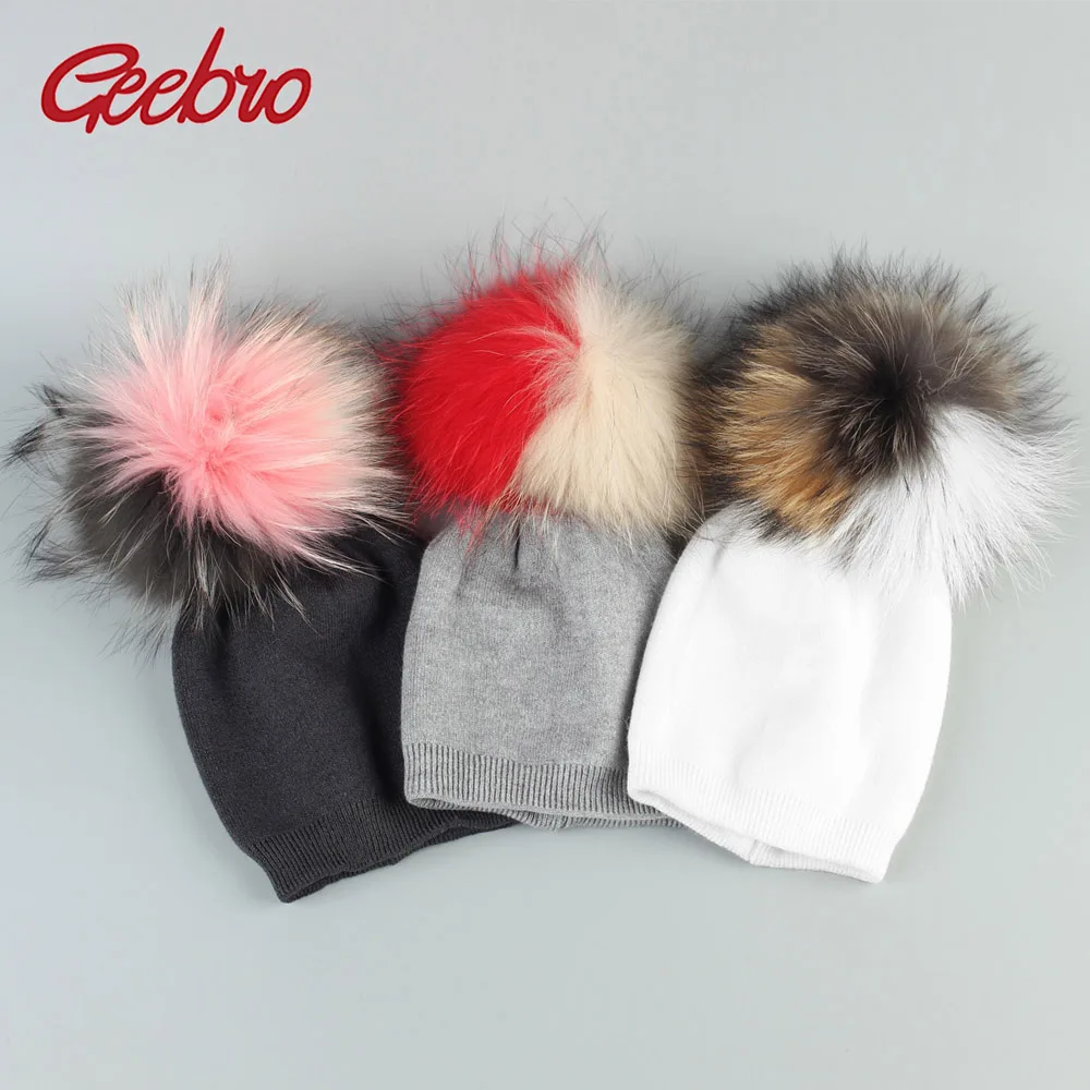 

Geebro New Winter Kids Knitted Cashmere Beanie Hat with Real Pompom Fashion Cotton Slouchy Beanies with 3 Tone Colors Pompons