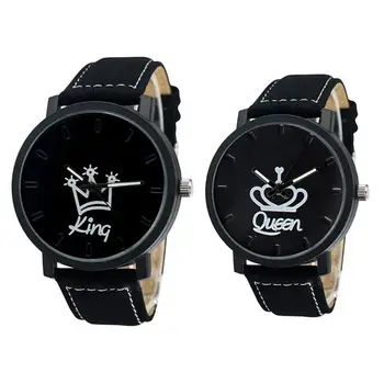 Reloj analógico de cuarzo y cuero para hombre y mujer, cronógrafo de pulsera, regalo de San Valentín, a la moda, Queen King Crown Fuax