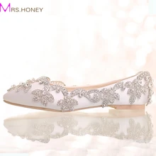 2016 White Satin Diamant Hochzeit Schuhe Flache Ferse Frauen Strass Braut Schuhe Handmade Fashion Komfortable Formale Kleid Schuhe