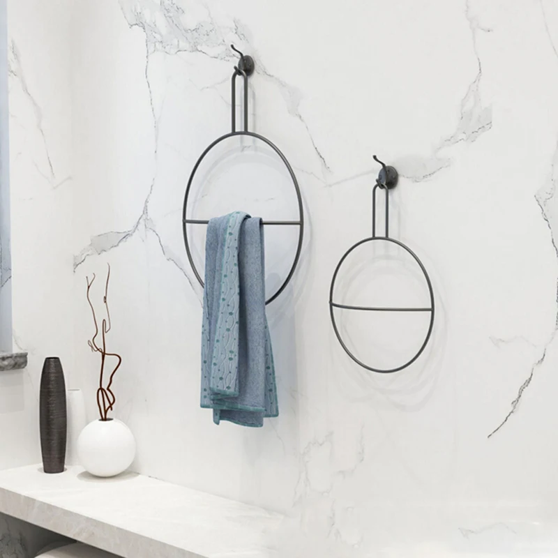 

New Simple Nordic Wrought Iron Round Kitchen Bathroom Towel Rack Towel Ring Home Decoration Frame Tools