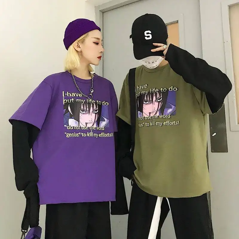 Япония Харадзюку Наруто печать хип-хоп футболки для мужчин и женщин весна поддельные два Piec длинный рукав свободная футболка крутые Мультяшные футболки
