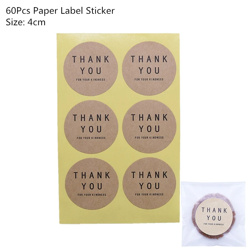 60pcs label sticker 50/100 шт Пластик сумки спасибо печенья и конфетная сумка самоклеющаяся бумага для Одежда для свадьбы, дня рождения мешок подарка печенья упаковочный пакет для выпечки - Цвет: 60pcs label sticker