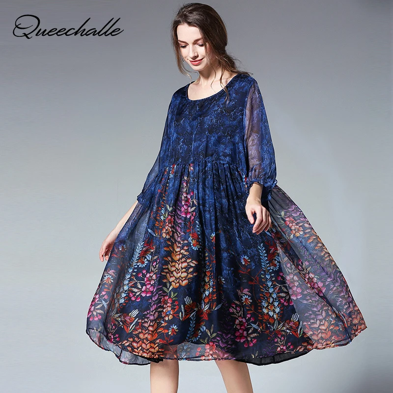 

Queechalle Blue Coffee Black Elegant Print Chiffon Dress Summer Three Quarter Loose Dress XL XXL XXXL 4XL Plus Size Women Dress
