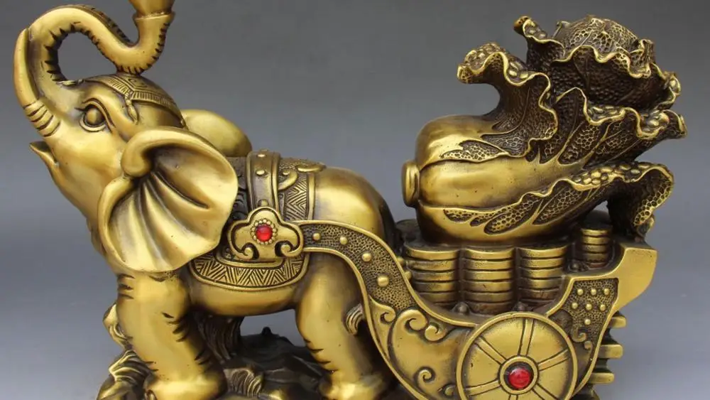 

14" Pure Bronze Fengshui Wealth Money Cabbage Baicai Heffalump Elephant Statue