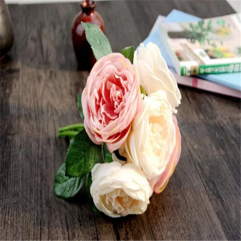 1PCS Hot Sale Artificial Fake Flowers Leaf  Artificial Rose Silk Flowers 5 Flower Head Leaf Garden Decor DIY pink  (3)