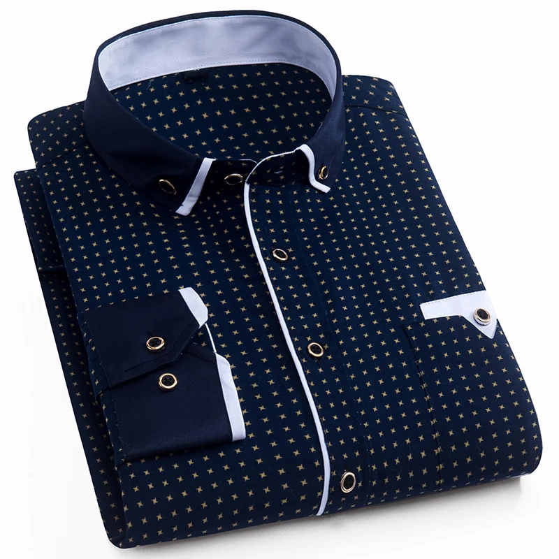 

Aoliwen Men's long sleeve printed business casual shirt polka dot Turn down Mandarin collar Flannel Button down Brand men shirt
