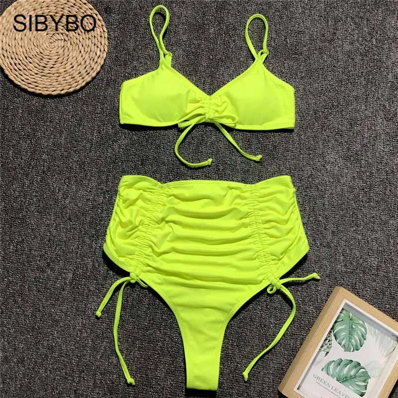 Sibybo ремень плиссированная пляжная одежда комплект из двух предметов женский v-образный вырез Высокая талия сексуальный укороченный топ и короткий комплект летний женский купальный костюм - Цвет: Fluorescent green