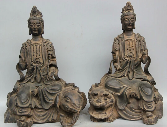 

JP S0524 12" Chinese Buddhism Bronze Wenshu Manjushri Ride Elephant Lion Statue Pair B0403