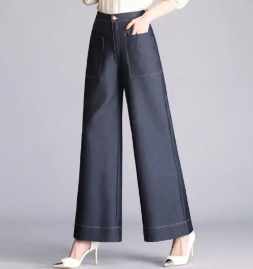Primavera De Bolsillos Verano Moda Mujeres Negro Pantalones Cintura Otoño Negro Ancha Nueva azul Pierna Yyf0806 Jeans Capris Alta Causales Azul Tencel qdppPT