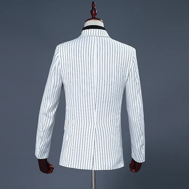 Men's White and Black Stripe Groom Dresses Performing Suits Double Breasted Smart Casual Men Suit Slim Fit White Regular Blazers