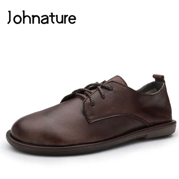 

Johnature 2020 New Spring/autumn Loafers Women Genuine Leather Round Toe Lace-up Womens Flat Shoes
