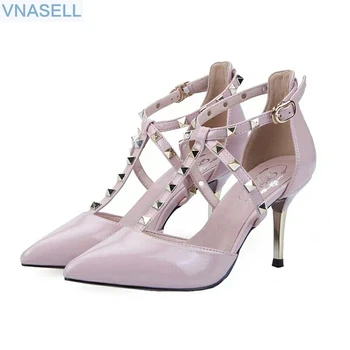 

Spring summer new style pointed slim heel fashion hollowed shallow mouth rivet rivet ribbed Roman women sandals
