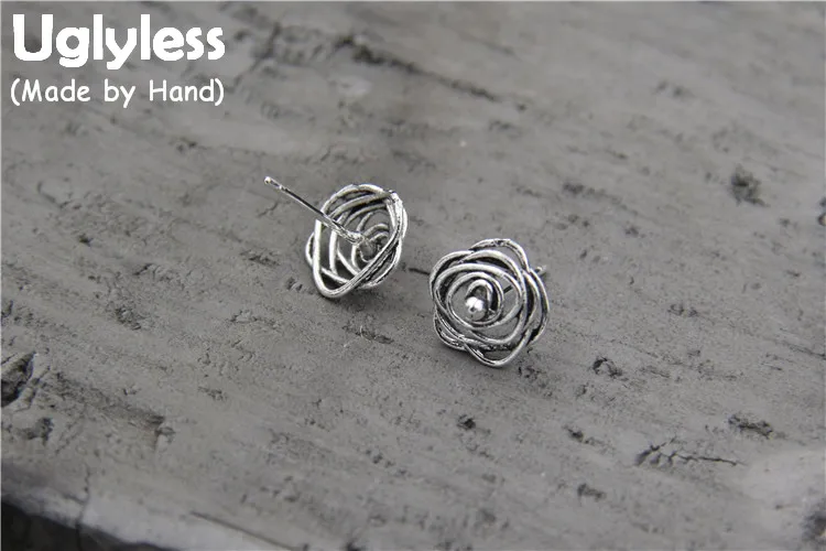 

Uglyless Genuine S 925 Handmade Silver Wire Hollow Flower Studs Women Vintage Dress Brincos Bijoux Romantic Floral Stud Earrings