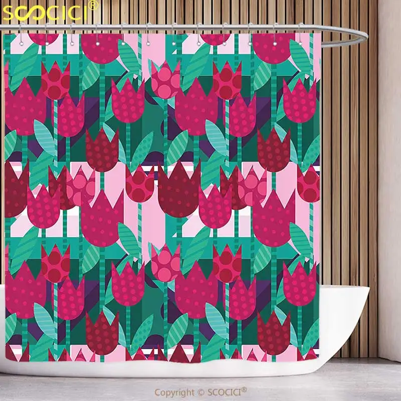 

Unique Shower Curtain Floral Abstract Art Flower Polka Dotted Tulips on Geometric Background Illustration Jade Green and Red