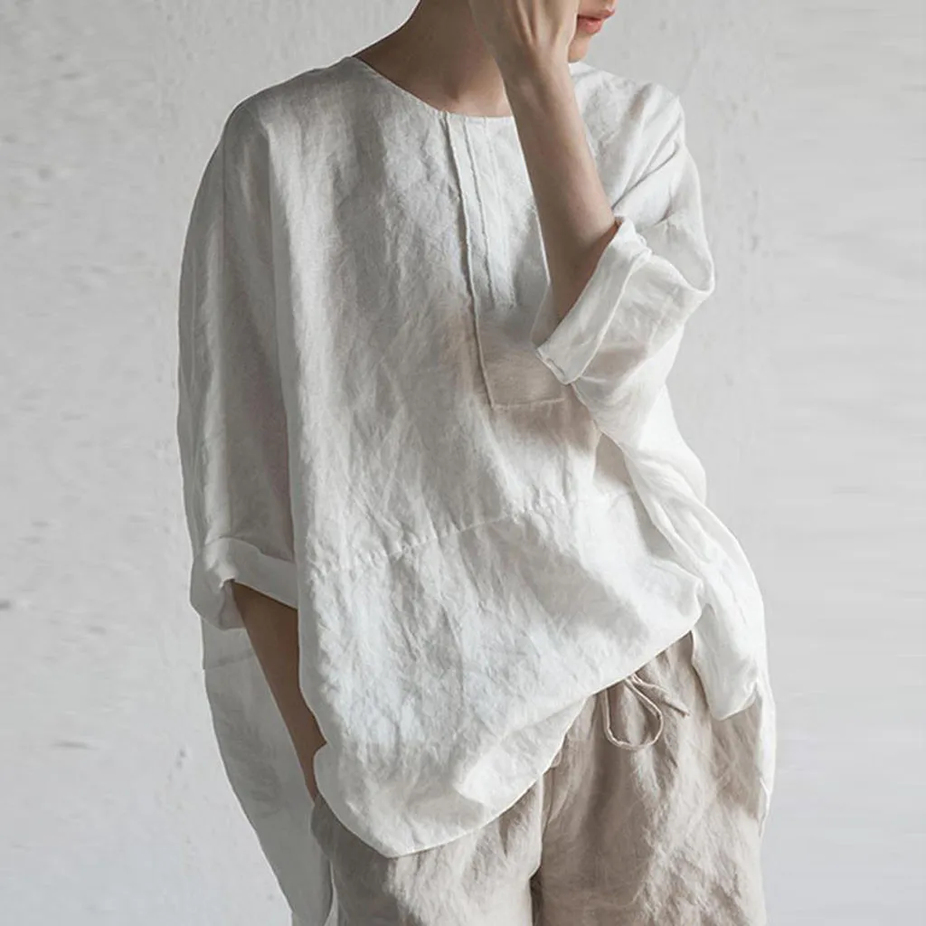 

2019 Summer Women Solid Tops Blouses Casual 3/4 Sleeve Lapel Linen Blouse Female Shirts Blouse Plus Size 5XL White Boho Shirt