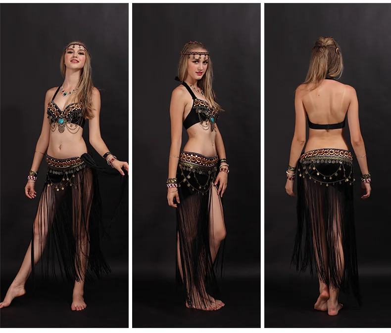 Костюм для танца живота в этническом стиле 2 фото бюстгальтер и юбка 34b/c 36b/c 38b/c черного цвета