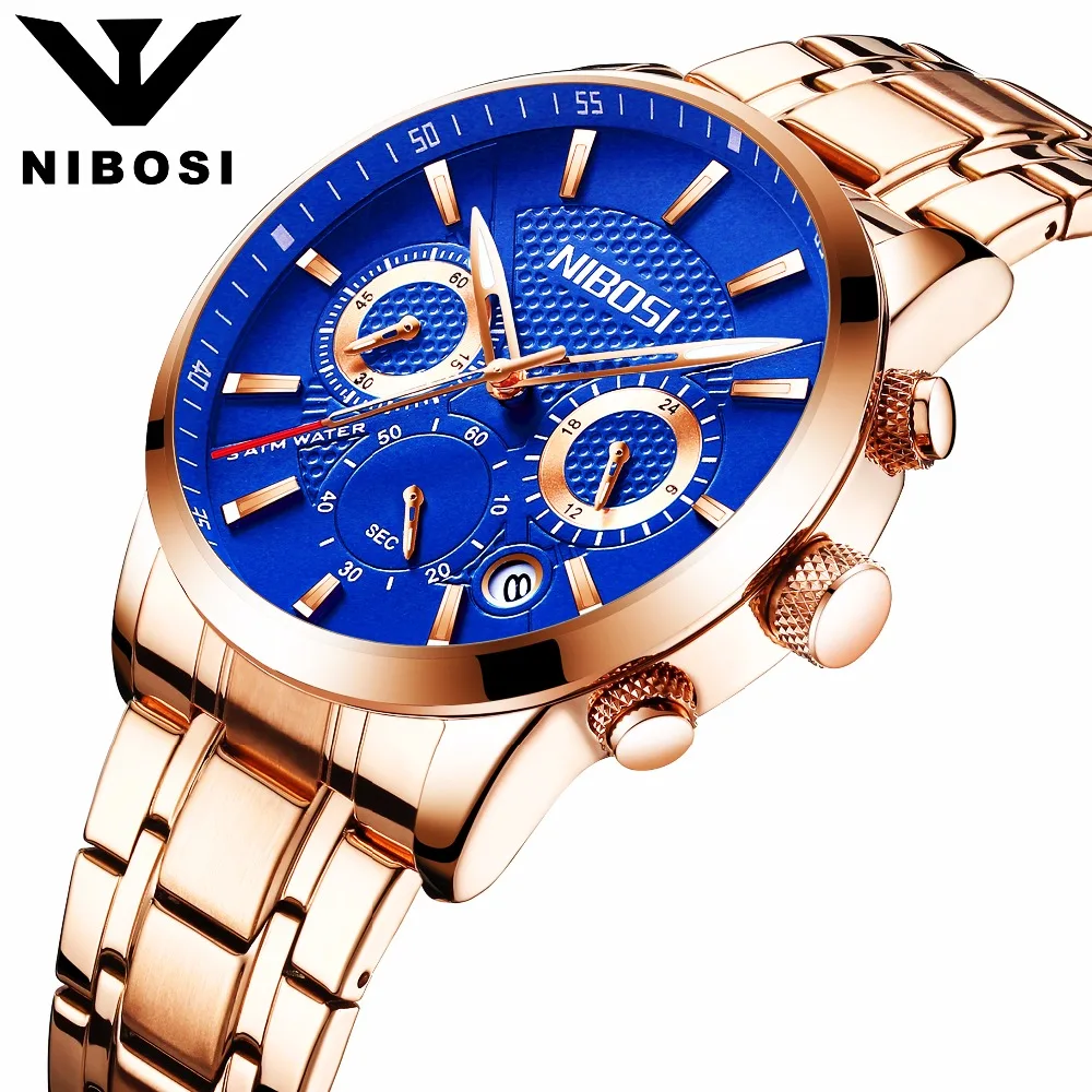 

Men's Fashion Business Quartz Watch Metal & Leather Band NIBOSI Chronograph Waterproof Date Display Analog Sport Wrist Watches