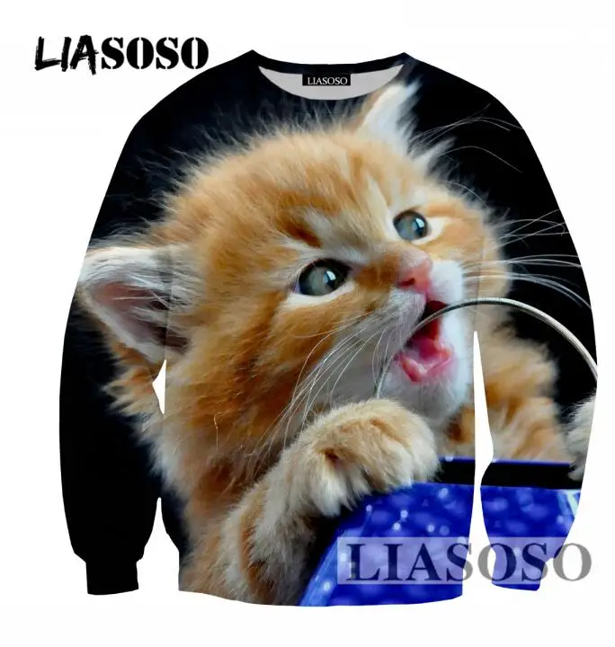 Liasoso новые осенние Для мужчин/Для женщин Свободный пуловер 3D печать кошка Sportwear cool с длинными рукавами Harajuku Стиль брендовая одежда T400