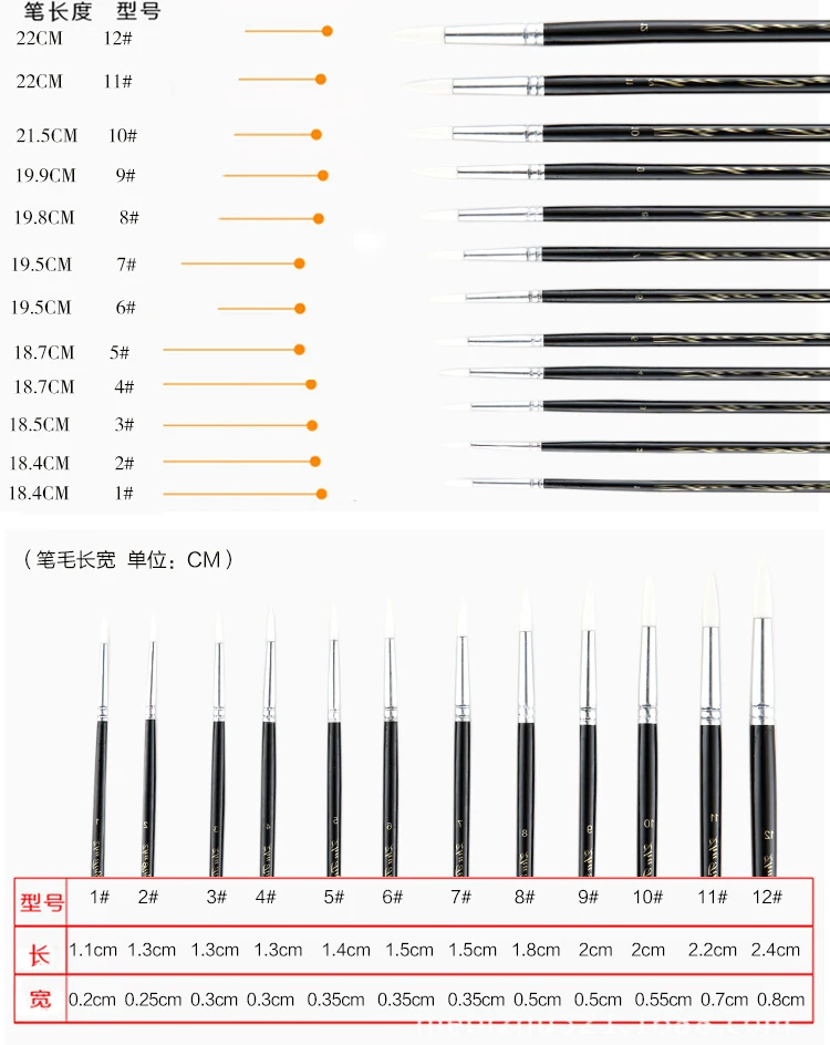 12 шт. нейлон волос Круглый наконечник черный с деревянной ручкой cusp картина маслом кисти