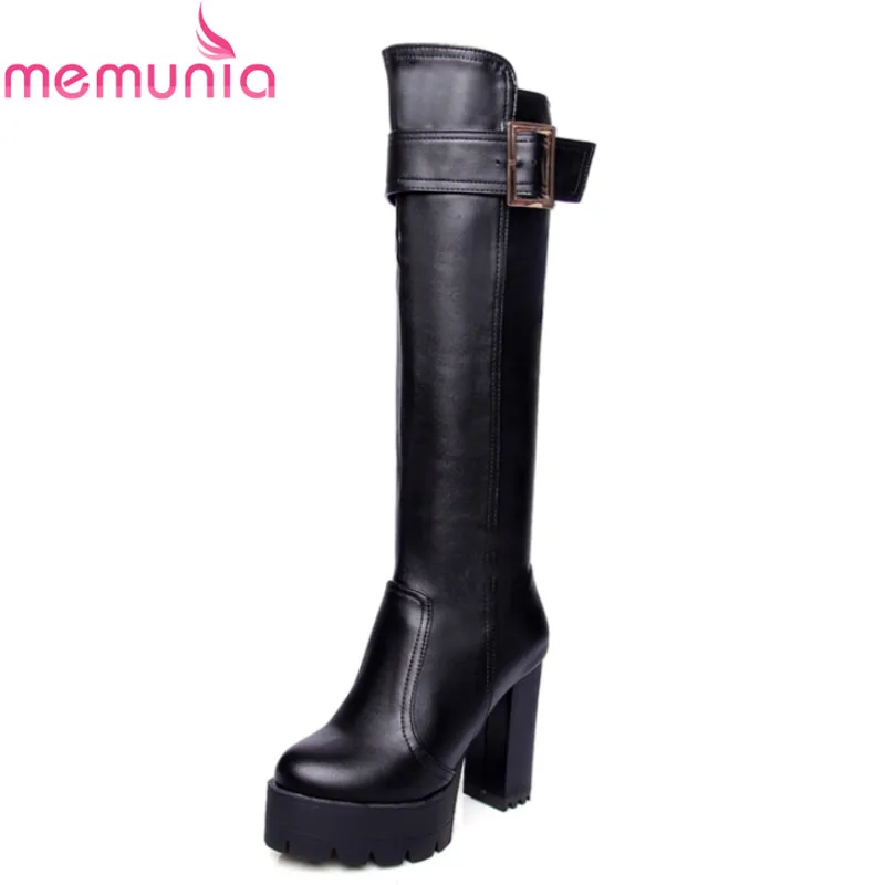 

MEMUNIA Large size 34-43 2018 autumn keep warm knee high boots thick high heels round toe platform buckle black women boots