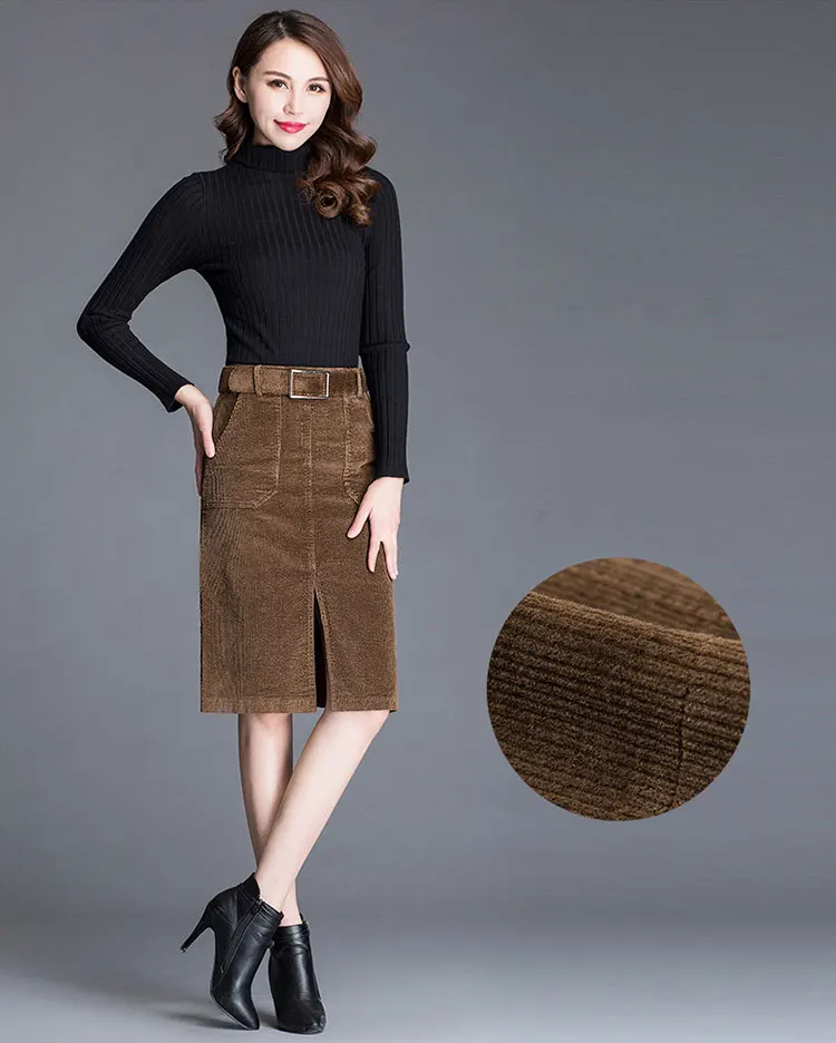 Casual Corduroy Skirts Womens Autumn Winter Black Brown Knee-Length High Waist Skirt Plus Size 3XL Ladies Slim Straight Skirt