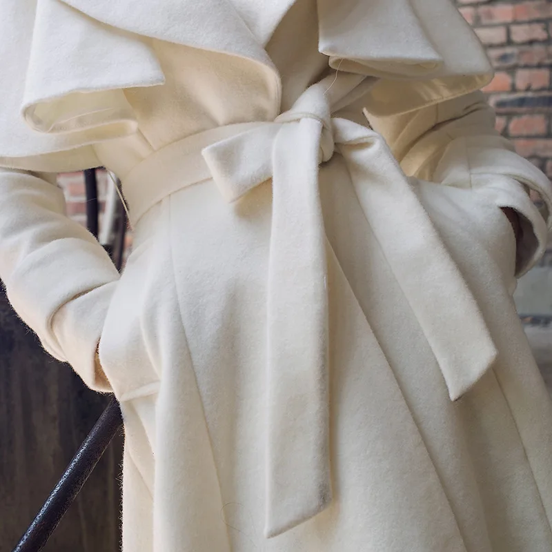 YOSIMI 2018 Winter Maxi Elegant White Wool Long Women Coat Outwear Clothing Woolen Long Coat with Lamb Fur Collar Womens Coats