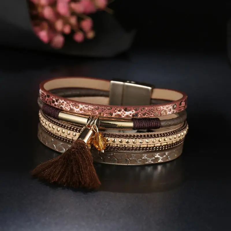Europe Fashion crystal Multilayer Wrap Alloy PU Leather Bracelets & Bangles High quality Tassel Magnetic Buckle Pulseras gift
