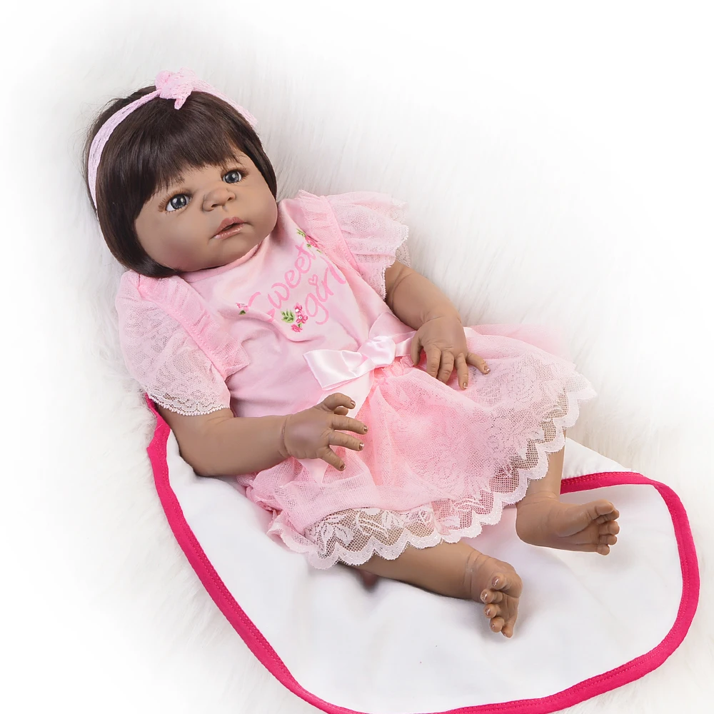 55cm Full Silicone Body Reborn Baby Girl Doll Toys 22inch black bebes reborn Toddler babies doll Bathe Toy Girls Bonecas gift