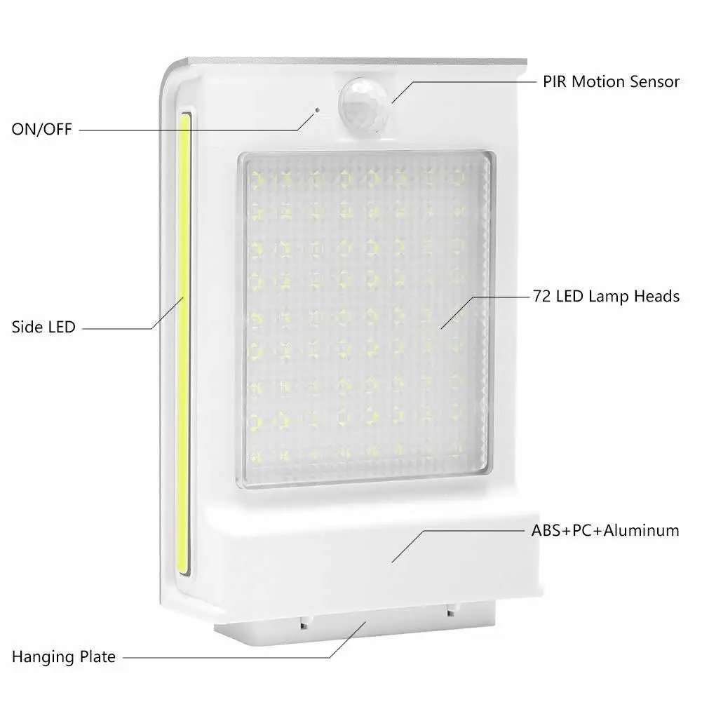 

72 LED Solar Lights Waterproof Smart Body Sensor 50000 (h) Outdoor size up to 128.5cm. Security Lighting